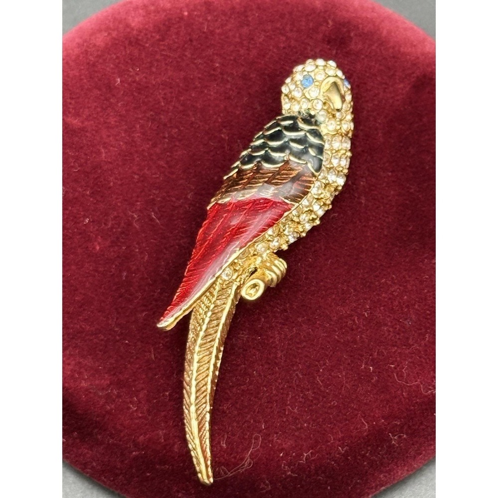 Vintage‎ Gold Tone Rhinestone Enamel Parrot Bird Brooch Pin Red Black Tropical